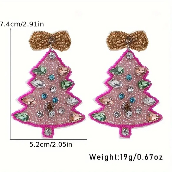 Pink Beaded Christmas Tree Dangle Earrings - Picture 3 of 3